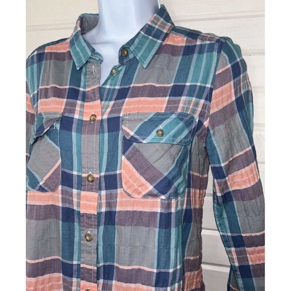 American Eagle Sz SMALL Teal Blue Pink Plaid Shirt Cotton Button Up Pockets EUC